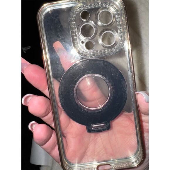 LXK Pink Glitter Clear Phone Case w/ Ring Holder and rhinestone iPhone 15 pro - Picture 10 of 12